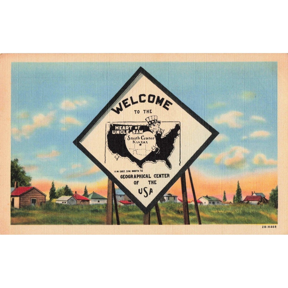 Smith Center Kansas KS Linen Postcard 1942 Uncle Sam Geographical Center USA - Picture 1 of 2